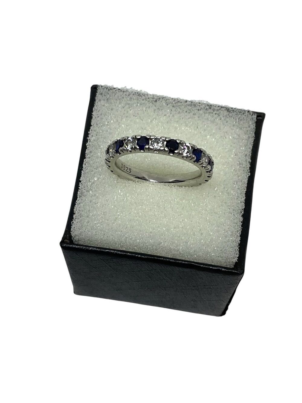Sterling Silver Ring with Blue Sapphire & Simulated Diamonds (Size 7)
